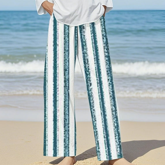 Bovemsi 2025 Women's Cotton Linen Striped Casual Pants – Elastic Waist Loose Fit Summer Trousers, Blue, S