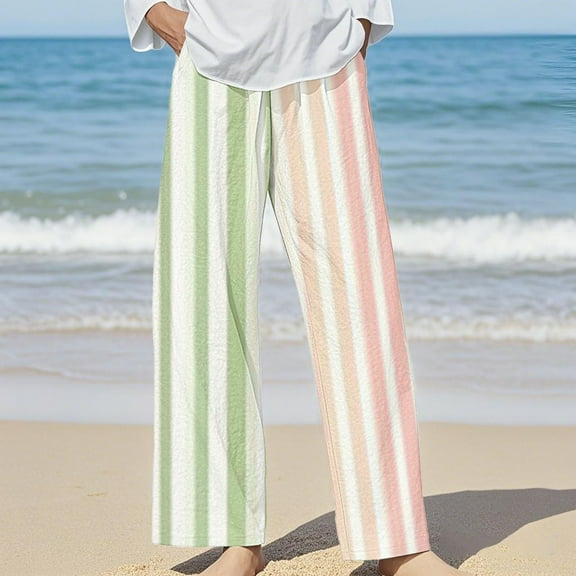 Bovemsi 2025 Women's Cotton Linen Striped Casual Pants – Elastic Waist Loose Fit Summer Trousers, Green, XXL