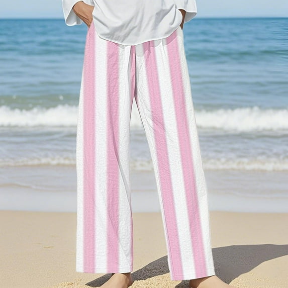 Bovemsi 2025 Women's Cotton Linen Striped Casual Pants – Elastic Waist Loose Fit Summer Trousers, Pink, XL
