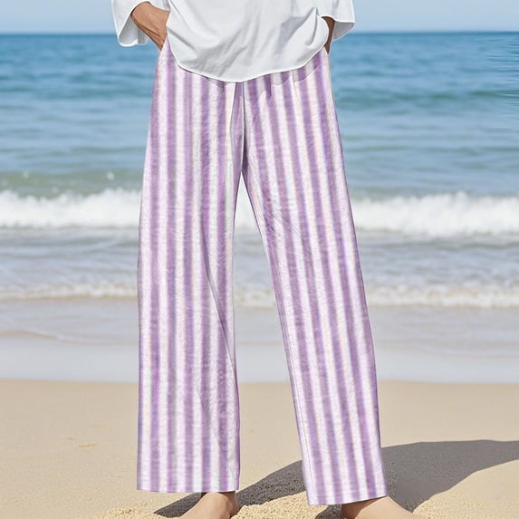 Bovemsi 2025 Women's Cotton Linen Striped Casual Pants – Elastic Waist Loose Fit Summer Trousers, Pink, XXL