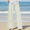 thumbnail image 1 of Bovemsi 2025 Women's Cotton Linen Striped Casual Pants – Elastic Waist Loose Fit Summer Trousers, Yellow, S, 1 of 5