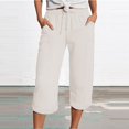 thumbnail image 1 of Bovemsi 2025 Women's High Waist Bubble Textured Linen 3/4 Cropped Trousers - Lightweight Summer Pants with Pockets, Beige, L, 1 of 5