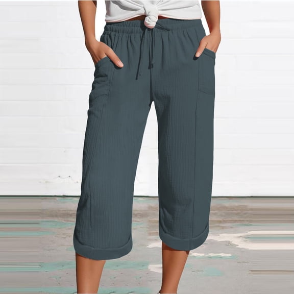 Bovemsi 2025 Women's High Waist Bubble Textured Linen 3/4 Cropped Trousers - Lightweight Summer Pants with Pockets, Bronze, 3XL