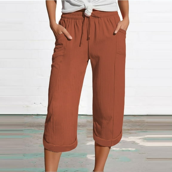 Bovemsi 2025 Women's High Waist Bubble Textured Linen 3/4 Cropped Trousers - Lightweight Summer Pants with Pockets, Orange, L