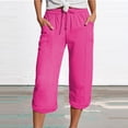 thumbnail image 1 of Bovemsi 2025 Women's High Waist Bubble Textured Linen 3/4 Cropped Trousers - Lightweight Summer Pants with Pockets, Pink, XL, 1 of 5