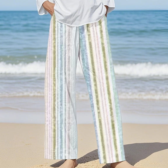 Bovemsi 2025 Women's Striped Linen Blend Casual Pants – Elastic Waist Loose Fit for All-Day Comfort, Blue, M