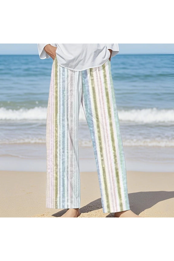 2025 Women's Striped Linen Blend Casual Pants – Elastic Waist Loose Fit for All-Day Comfort, Blue, M