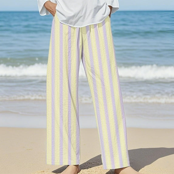 Bovemsi 2025 Women's Striped Linen Blend Casual Pants – Elastic Waist Loose Fit for All-Day Comfort, Brown, XL