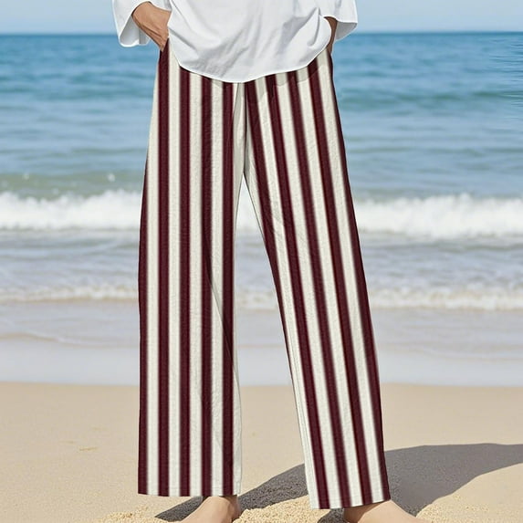 Bovemsi 2025 Women's Striped Print Linen Blend Casual Pants – Elastic Waist Loose Fit for All-Day Comfort, Brown, L