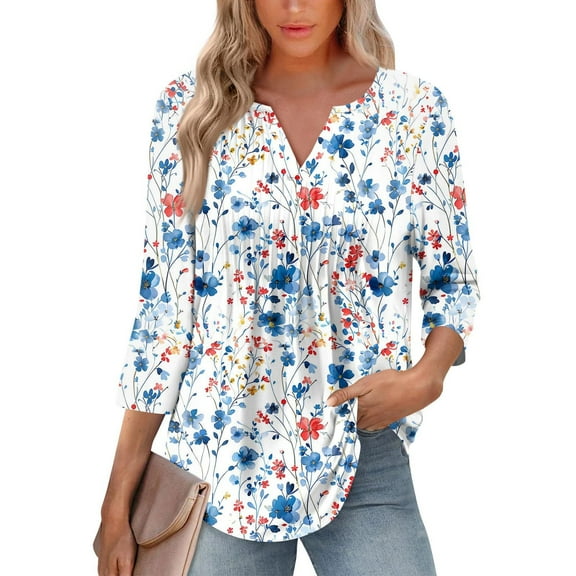 Bovemsi 3/4 Sleeve Blouses for Women Casual V Neck Summer Tops for Women with Leggings Pleated Curved Tunic, Blue Summer Women's Long Sleeve T-Shirts, L