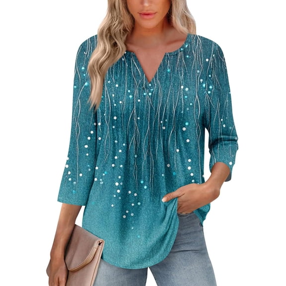 Bovemsi 3/4 Sleeve Blouses for Women Casual V Neck Summer Tops for Women with Leggings Pleated Curved Tunic, Blue Summer Women's Long Sleeve T-Shirts, L