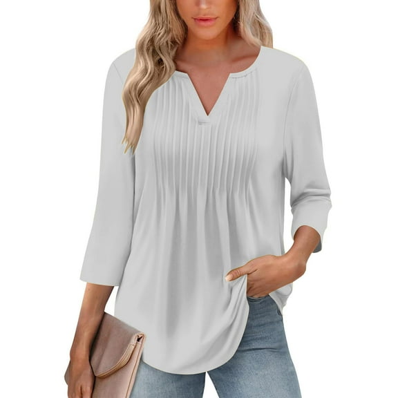 Bovemsi 3/4 Sleeve Blouses for Women Casual V Neck Summer Tops for Women with Leggings Pleated Curved Tunic, White Summer Women's Long Sleeve T-Shirts, S