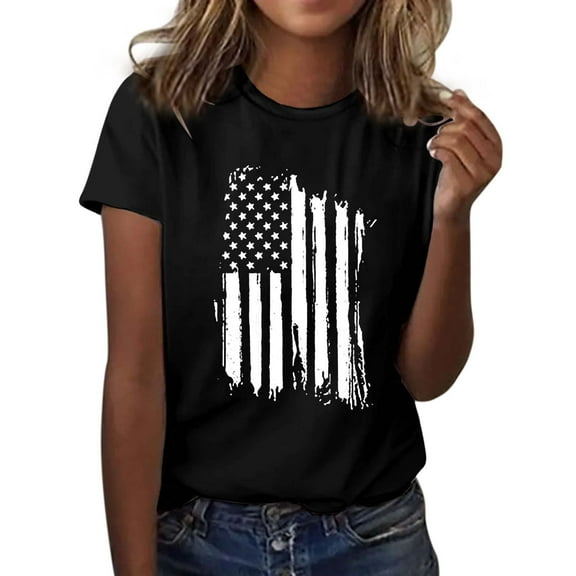 Bovemsi 4Th of July Oversized Shirt Women Casual Printing Short Sleeves Round Neck Loose T Shirt Blouse Tops, Black Women's Summer Short Sleeve T-Shirts, L