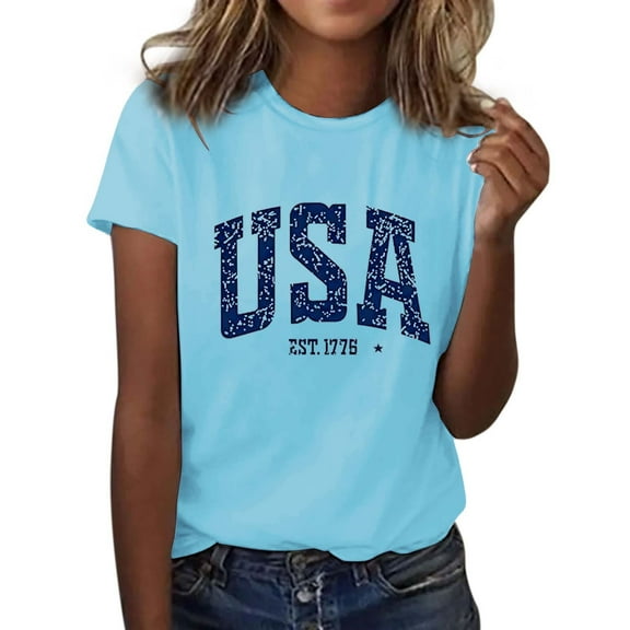 Bovemsi 4Th of July Oversized Shirt Women Casual Printing Short Sleeves Round Neck Loose T Shirt Blouse Tops, Blue Women's Summer Short Sleeve T-Shirts, S