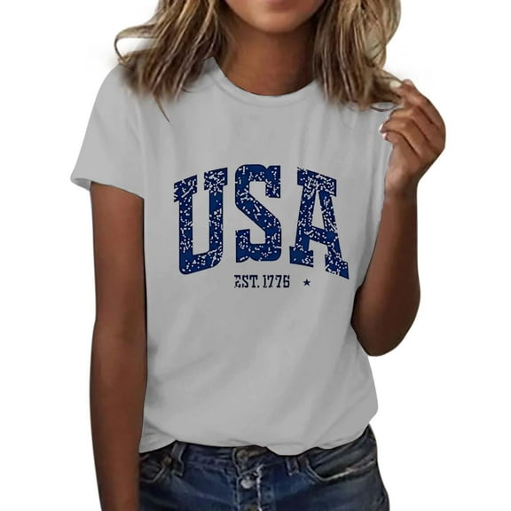 Bovemsi 4Th of July Oversized Shirt Women Casual Printing Short Sleeves Round Neck Loose T Shirt Blouse Tops, Gray Women's Summer Short Sleeve T-Shirts, L
