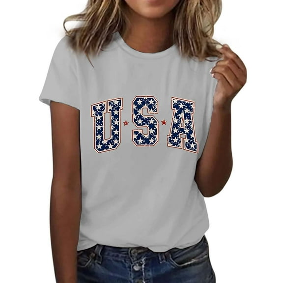 Bovemsi 4Th of July Oversized Shirt Women Casual Printing Short Sleeves Round Neck Loose T Shirt Blouse Tops, Gray Women's Summer Short Sleeve T-Shirts, XL