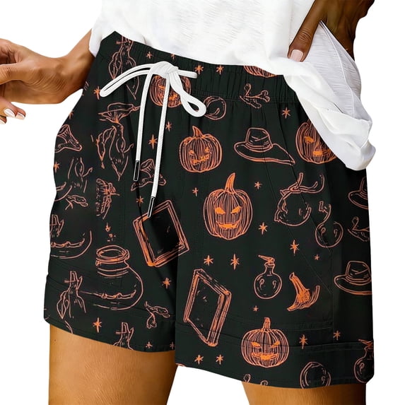 Bovemsi Athletic Shorts for Women Halloween Themed Printed Comfort Shorts Palazzo Pants for Women XXL Black