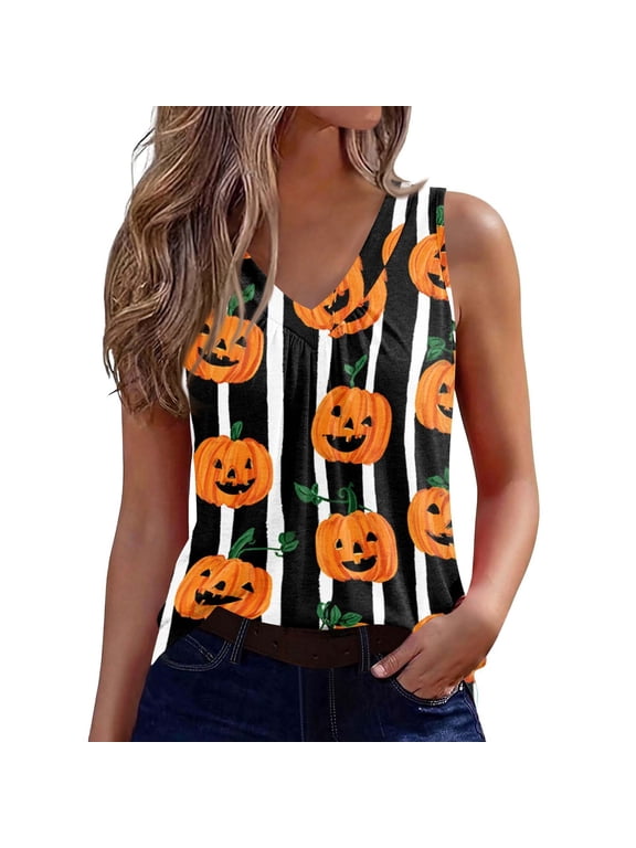 Athletic Tank Tops for Women V Neck Pumpkin Graphic Sleeveless, Halloween Layering Comfort Tops for Women Trendy XL