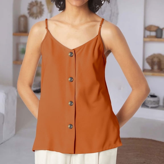 Bovemsi Beauty Casual V Neck Buckle Vest Top Summer Sleeveless Shirt Women's Shirt, Orange Women's Summer Shirts, M