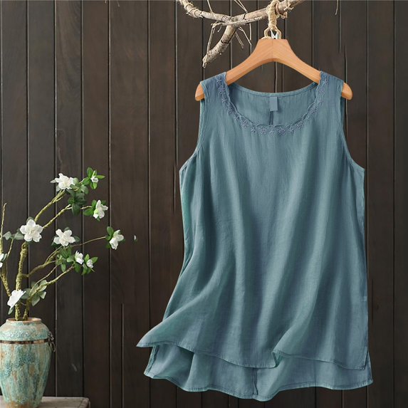 Bovemsi Boho Embroidered Linen Tank Top for Women – Sleeveless Loose Fit Beach & Vacation Blouse, Blue, XL