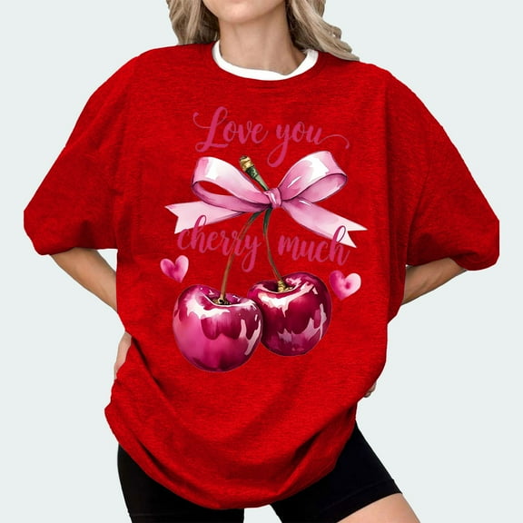 Bovemsi Bow Cherries T Shirt Women Tops Clean Girl Aesthetic Shirts Casual Summer Short Sleeve T Shirt, Multi-Color Women's Summer Short Sleeve T-Shirts, S