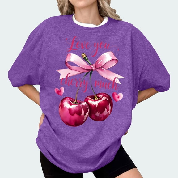 Bovemsi Bow Cherries T Shirt Women Tops Clean Girl Aesthetic Shirts Casual Summer Short Sleeve T Shirt, Multi-Color Women's Summer Short Sleeve T-Shirts, S
