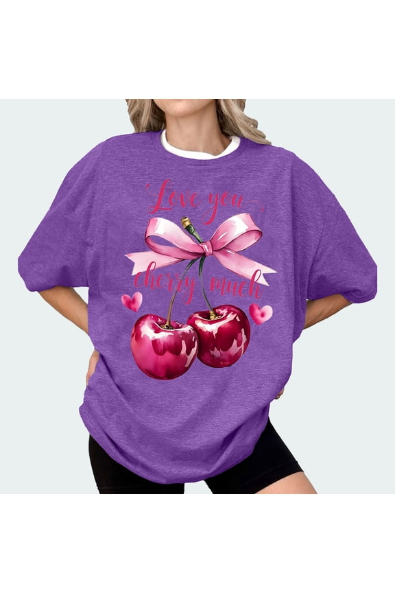 Bow Cherries T Shirt Women Tops Clean Girl Aesthetic Shirts Casual Summer Short Sleeve T Shirt, Multi-Color Women's Summer Short Sleeve T-Shirts, XL