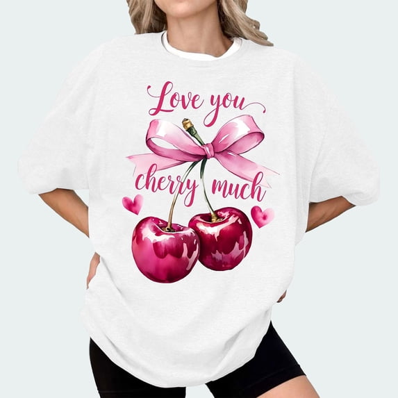 Bovemsi Bow Cherries T Shirt Women Tops Clean Girl Aesthetic Shirts Casual Summer Short Sleeve T Shirt, Multi-Color Women's Summer Short Sleeve T-Shirts, XL