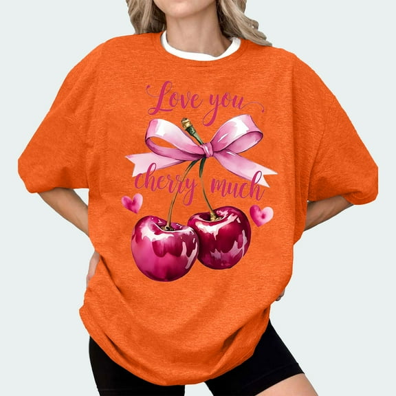 Bovemsi Bow Cherries T Shirt Women Tops Clean Girl Aesthetic Shirts Casual Summer Short Sleeve T Shirt, Multi-Color Women's Summer Short Sleeve T-Shirts, S