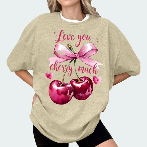 Bovemsi Bow Cherries T Shirt Women Tops Clean Girl Aesthetic Shirts Casual Summer Short Sleeve T Shirt, Multi-Color Women's Summer Short Sleeve T-Shirts, 3XL