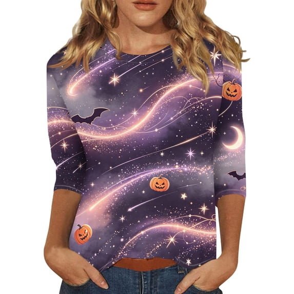 Bovemsi Business Casual Tops for Women Breathable Round‑Neck 3/4‑Sleeve Printed Blouse Fashion Outfits Clothes XL
