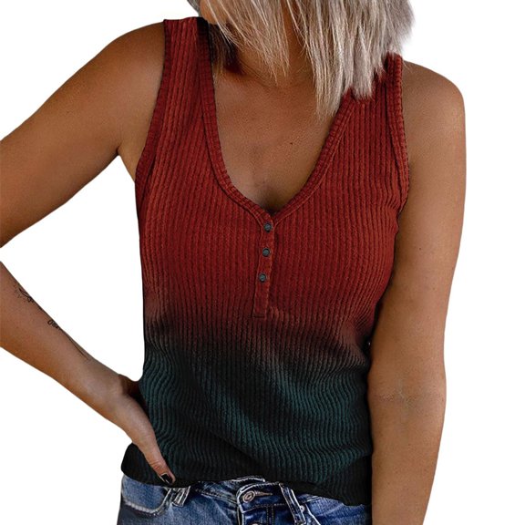 Bovemsi Camisole Tops for Women Women's Summer V Tie Button Gradient Printed Strip Fabric Loose Casual Tank Top Basic Tanks