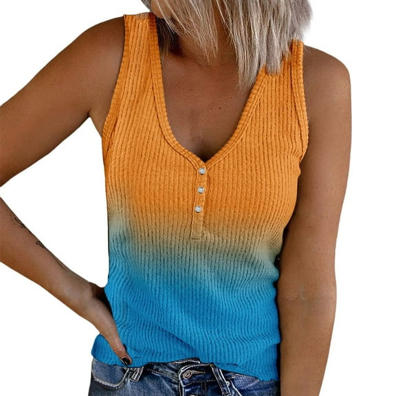 Bovemsi Camisole Tops for Women Women's Summer V Tie Button Gradient Printed Strip Fabric Loose Casual Tank Top Basic Tanks