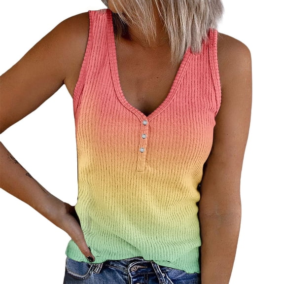 Bovemsi Camisole Tops for Women Women's Summer V Tie Button Gradient Printed Strip Fabric Loose Casual Tank Top Basic Tanks