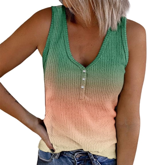 Bovemsi Camisole Tops for Women Women's Summer V Tie Button Gradient Printed Strip Fabric Loose Casual Tank Top Basic Tanks