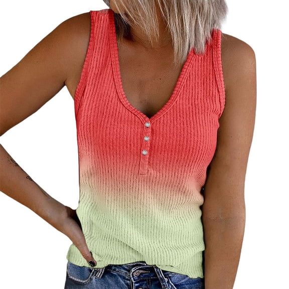 Bovemsi Camisole Tops for Women Women's Summer V Tie Button Gradient Printed Strip Fabric Loose Casual Tank Top Basic Tanks