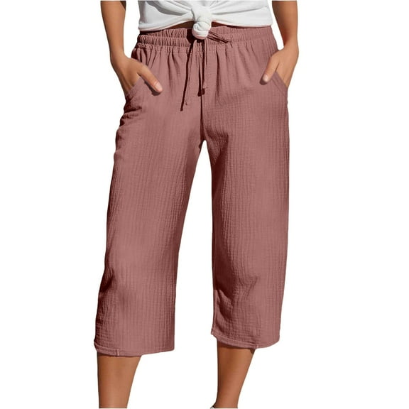 Bovemsi Capri Pants For Women Daily Elastic Waist Straight Solid Color Casual Pants Pockets 45720 Length Trousers Hiking Pants