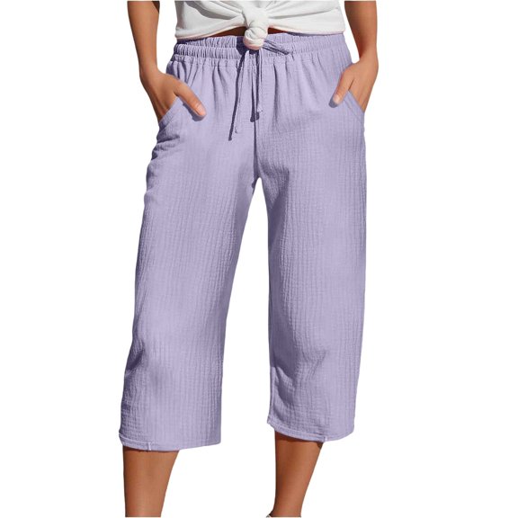 Bovemsi Capri Pants For Women Daily Elastic Waist Straight Solid Color Casual Pants Pockets 45720 Length Trousers Hiking Pants