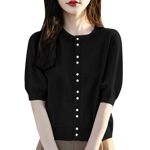 Bovemsi Cardigan Sweaters for Women Women'S Bubble Sleeve Lightweight Soft Top Thin Coat Velvet Half Knitted Round Neck Mid Cotton Shirts