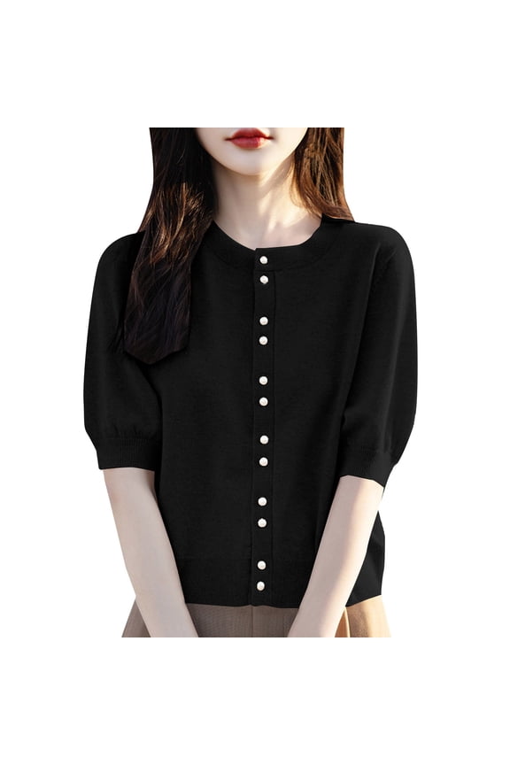 Cardigan Sweaters for Women Women'S Bubble Sleeve Lightweight Soft Top Thin Coat Velvet Half Knitted Round Neck Mid Cotton Shirts