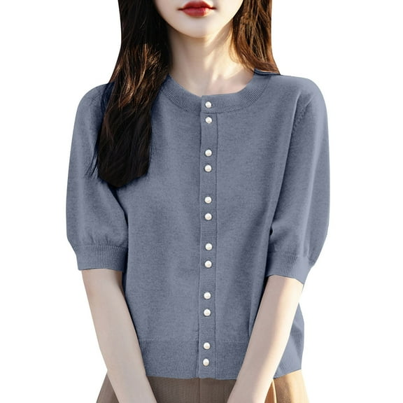 Bovemsi Cardigan Sweaters for Women Women'S Bubble Sleeve Lightweight Soft Top Thin Coat Velvet Half Knitted Round Neck Mid Cotton Shirts