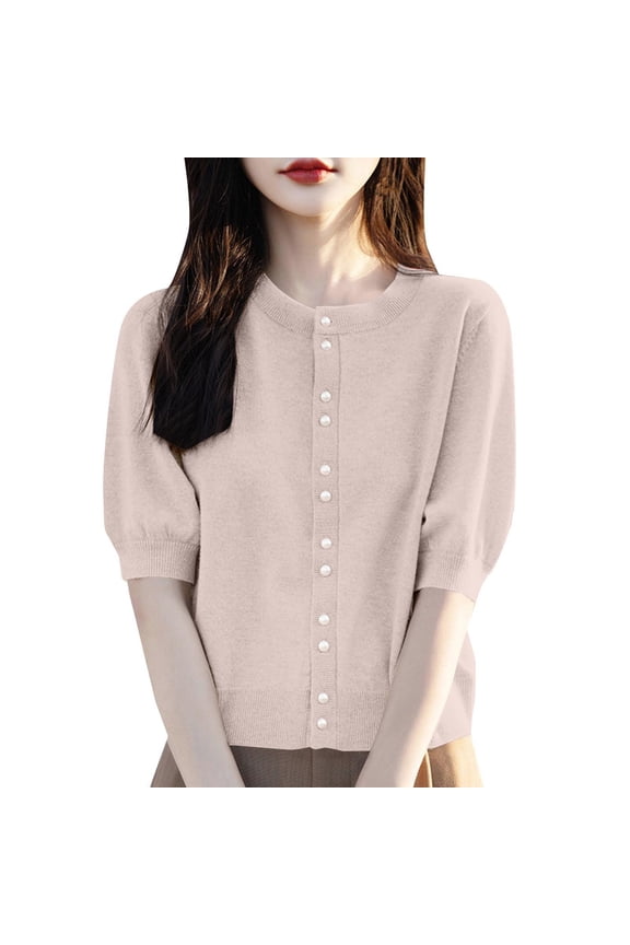 Cardigan Sweaters for Women Women'S Bubble Sleeve Lightweight Soft Top Thin Coat Velvet Half Knitted Round Neck Mid Cotton Shirts