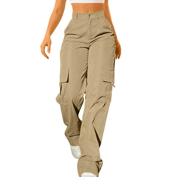 Bovemsi Cargo Pants Women Daily Elastic Waist Pockets Straight Solid Color Casual Loose Long Trousers Work Pants