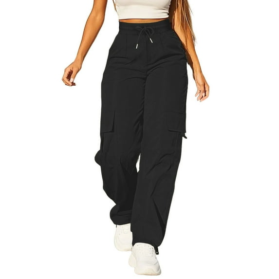 Bovemsi Cargo Pants Women Daily Elastic Waist Pockets Straight Solid Color Casual Loose Long Trousers Work Pants