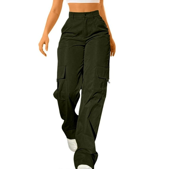 Bovemsi Cargo Pants Women Daily Elastic Waist Pockets Straight Solid Color Casual Loose Long Trousers Work Pants