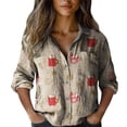 thumbnail image 1 of Bovemsi Casual Loose Tops Women's Cotton Shirt Printed Fashionable Button Up Top With Seven Quarter Sleeves Work Shirts, 1 of 4