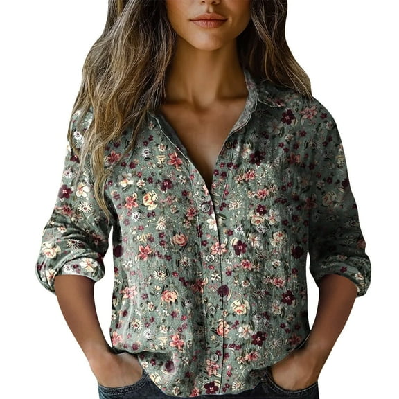 Bovemsi Casual Loose Tops Women's Cotton Shirt Printed Fashionable Button Up Top With Seven Quarter Sleeves Work Shirts