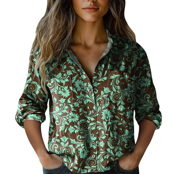 Bovemsi Casual Loose Tops Women's Cotton Shirt Printed Fashionable Button Up Top With Seven Quarter Sleeves Work Shirts