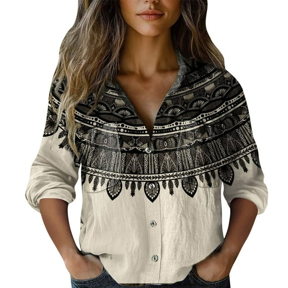 Bovemsi Casual Loose Tops Women's Cotton Shirt Printed Fashionable Button Up Top With Seven Quarter Sleeves Work Shirts