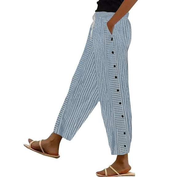 Bovemsi Casual Pants for Women Cotton And Linen Striped Elastic Waistband High Pocket Side Buttons Nine Point Loose Straight Leg for Travel